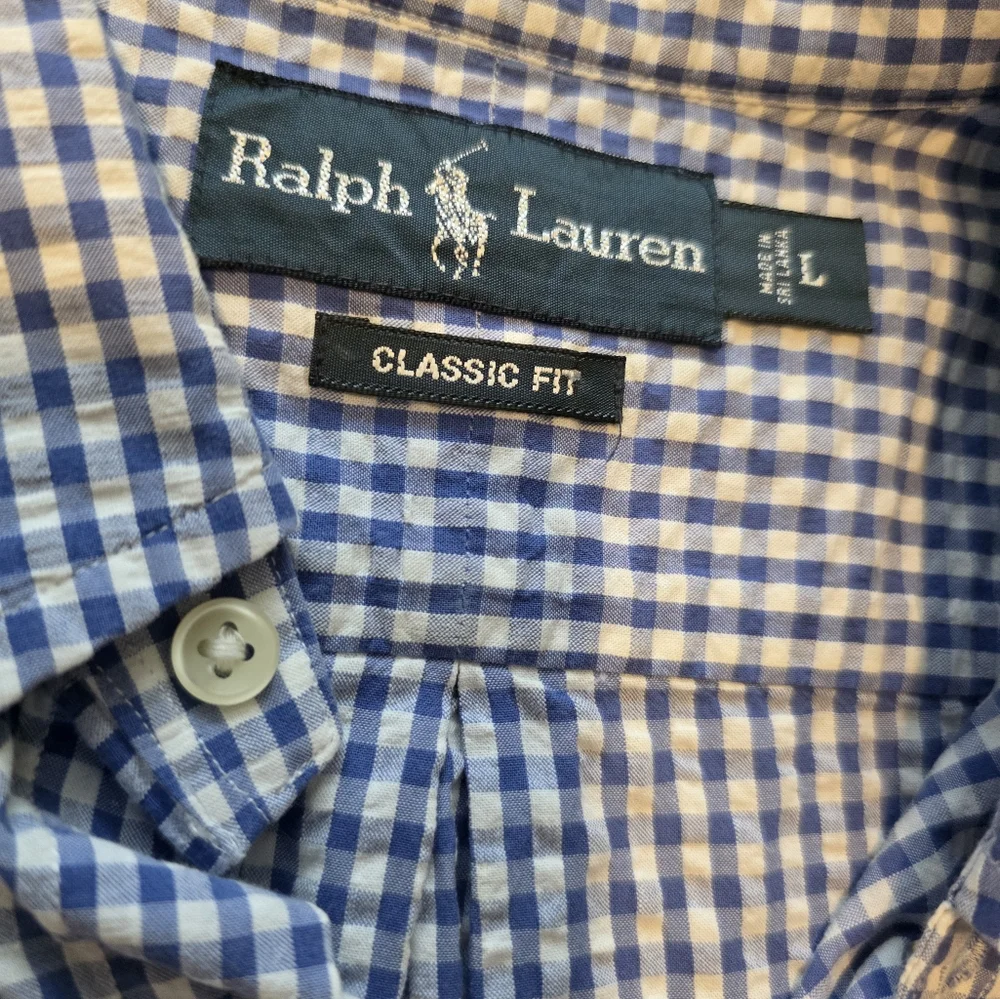 RALPH LAUREN Classic Fit Ginham Plaid Shortsleeve Button Down Mens L Blue White